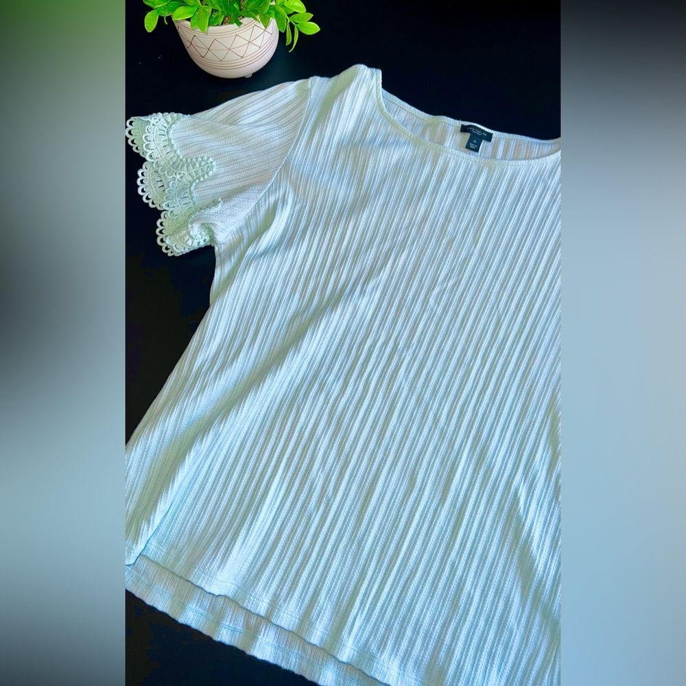Ann Taylor Factory Light Blue Ribbed Embroidered Sleeve Top Size XL nwot